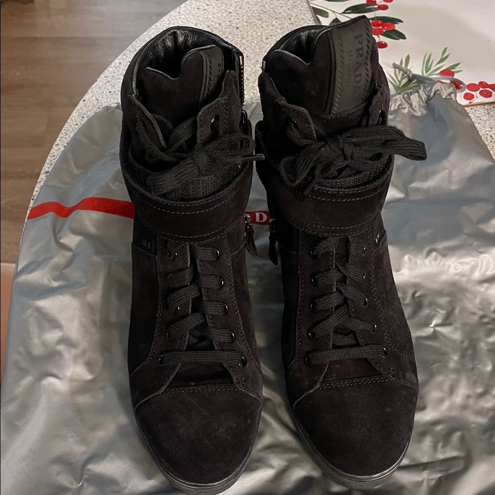 Prada Women’s Wedge Black Suede High-Top Boots